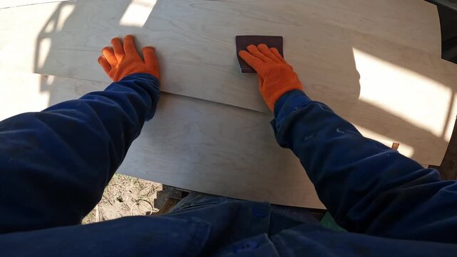 First person view of the process of sanding a wooden board with fine-grained sandpaper. The craftsman works in protective orange gloves with sandpaper in the workshop. DIY concept
