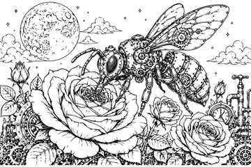 Black and white bee collecting nectar from a rose flower Vector © belal