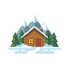 Naklejka premium A cozy wooden cabin nestled in snowy winter mountains and forest