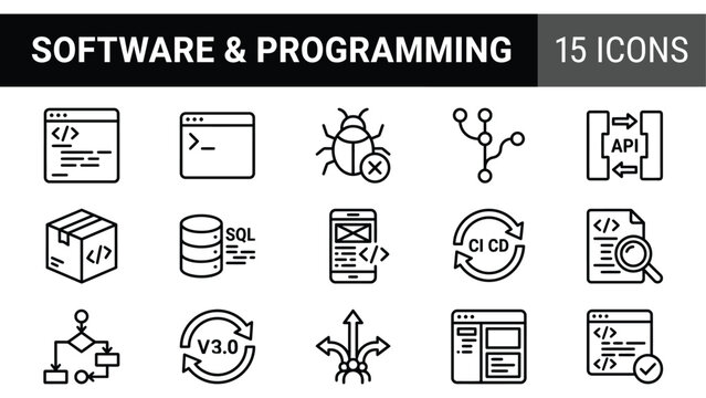 Software programming icon set, technology symbols