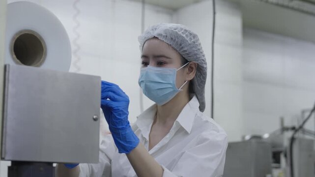 Food factory automated production line, masked woman clean room operating industrial machine with gloved hand sterile factory environment, factory worker woman mask glove hairnet machine roll paper