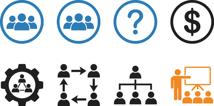 Set of business management and human resources icons featuring teamwork, dollar currency, question mark, and corporate hierarchy symbols