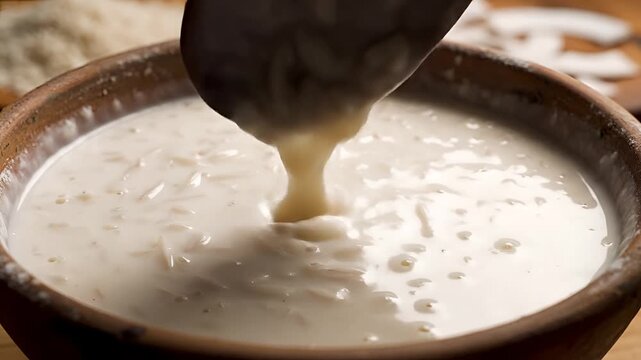 Closeup of creamy rice pudding being stirred in a rustic bowl.