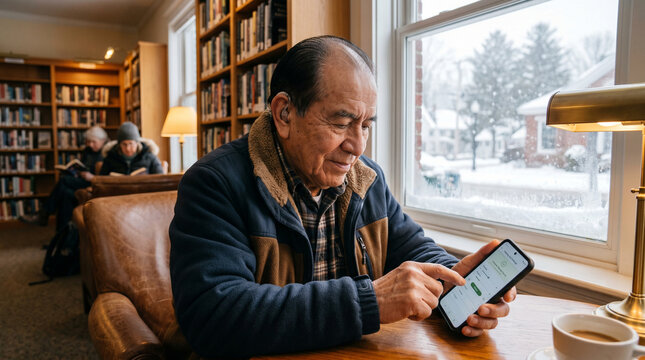 Senior man using smart hearing aid connected to smartphone app, modern assistive hearing technology, digital audiology, accessibility device concept