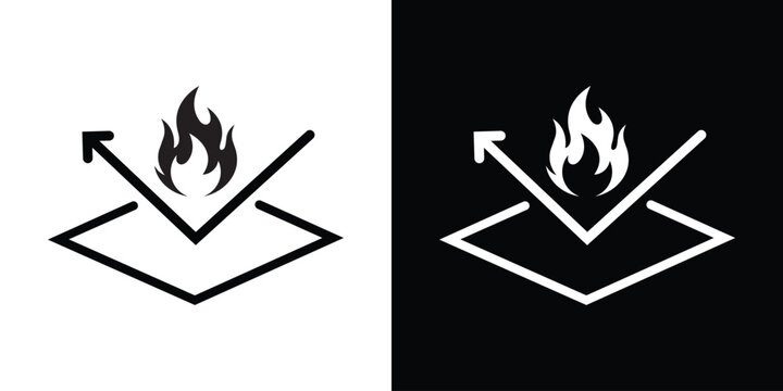 Fire resistant material vector icon depicting a detailed flame reflecting off a protective surface layer with an arrow, shown in black and white graphic styles.