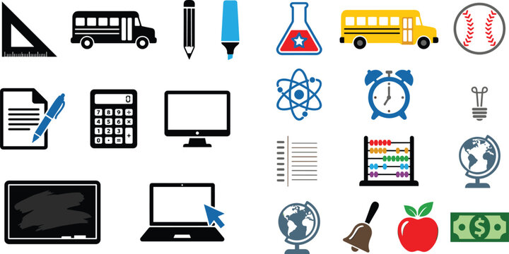 Set of school and education icons featuring school bus chalkboard globe calculator laptop and science symbols for academic learning and back to school designs