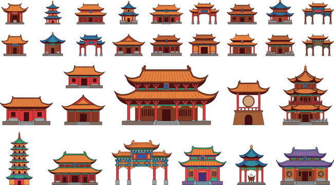 Traditional Chinese architecture vector illustration set featuring ancient temples pagodas pavilions and historic gates for Asian cultural landmark design.