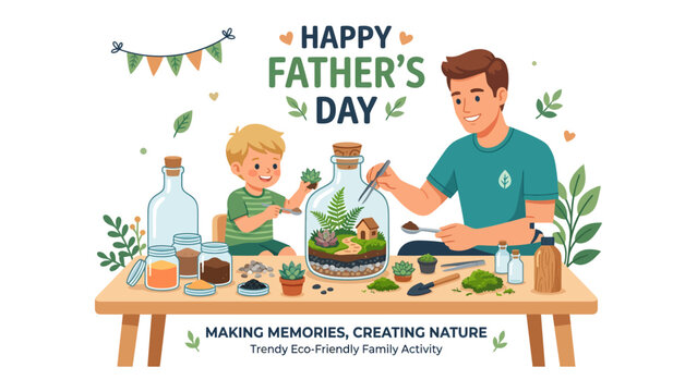 Father's Day Terrarium Creation: A father and son joyfully create a mini-ecosystem inside a glass terrarium, celebrating Father's Day with a creative and eco-friendly family activity.