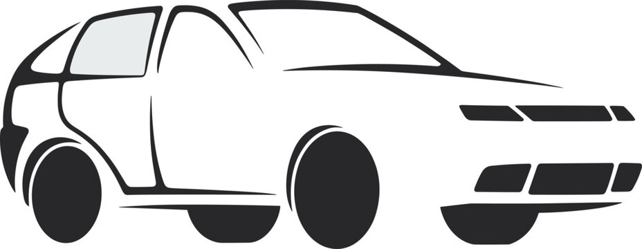 Minimalist car silhouette abstract line art icon showing three quarter view of hatchback isolated on white background vector illustration