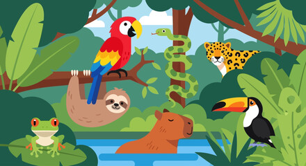 Fototapeta premium Cute jungle animals in a vibrant rainforest setting.