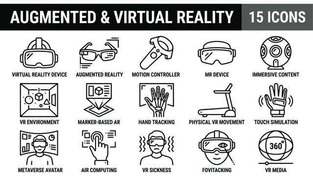 Augmented reality icon set with virtual reality symbols