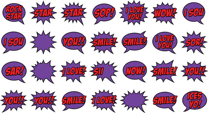 Comic speech bubble collection with pop art text effects and cartoon dialogue vector illustration set