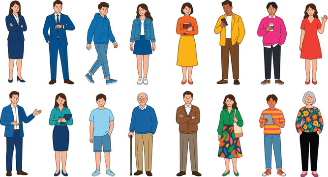Diverse group of cartoon people characters in casual and formal clothing isolated on white background flat vector illustration