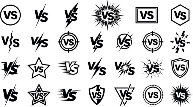 Versus letters VS vector illustration icon set with lightning bolts stars shields and target designs for competitive sports gaming and battle matches layout.