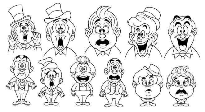Set of cartoon characters with exaggerated facial expressions