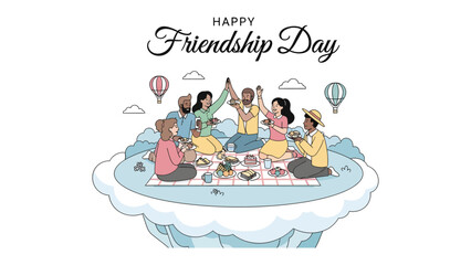 Naklejka premium Happy Friendship Day Celebration: A diverse group of friends enjoys a picnic together, sharing food and laughter while celebrating Friendship Day.