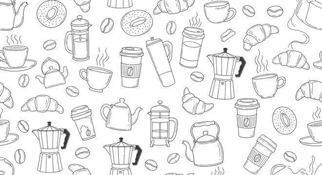 Seamless pattern of hand-drawn coffee and breakfast doodles.