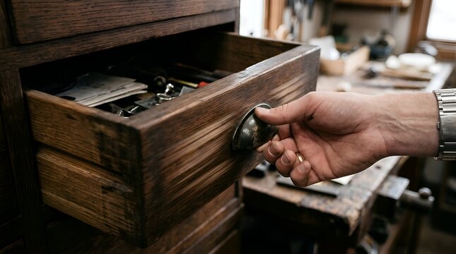 Opening wooden drawer with hand, tools inside workshop