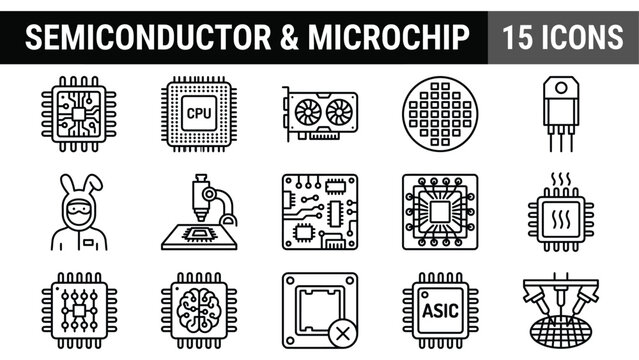 Semiconductor and microchip technology icons set