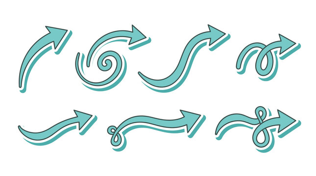 Set of Green Hand-Drawn Style Arrows with Offset Shadow Effect for Infographics and Web Elements