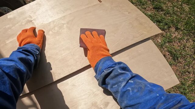 First person view of the process of sanding a wooden board with fine-grained sandpaper. The craftsman works in protective orange gloves with sandpaper in the workshop. DIY concept