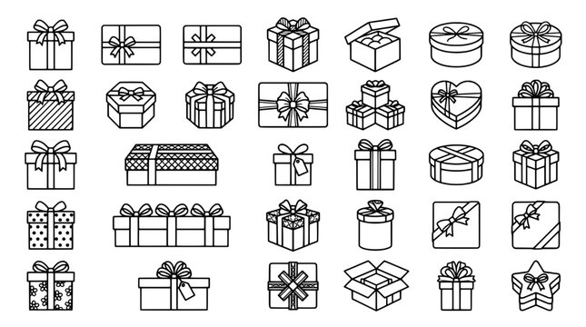 Gift boxes icon set with ribbons and bows, line art style presents for holidays and special occasions