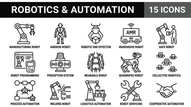 Robotics and Automation Icons: Manufacturing, Warehouse, Robotic Arm, Dog, and Humanoid Robots