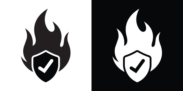 Fire protection and safety vector icon featuring a bold flame outline with a central shield containing a checkmark, presented in clean black and white minimalist variations.