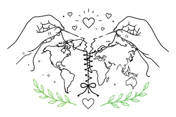 Fototapeta premium Two hands holding stitched world maps with hearts illustration Vector