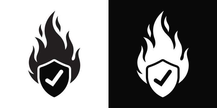 Fire protection and safety vector icon featuring a bold flame outline with a central shield containing a checkmark, presented in clean black and white minimalist variations.