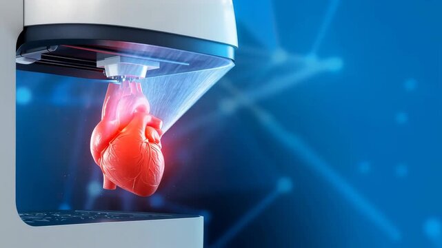 Bioprinting of human heart model using 3d technology machine. Medical bioengineering process creating organ implant. Future health innovation and science research.