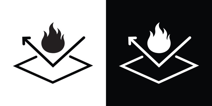 Fire resistant material vector icon depicting a detailed flame reflecting off a protective surface layer with an arrow, shown in black and white graphic styles.