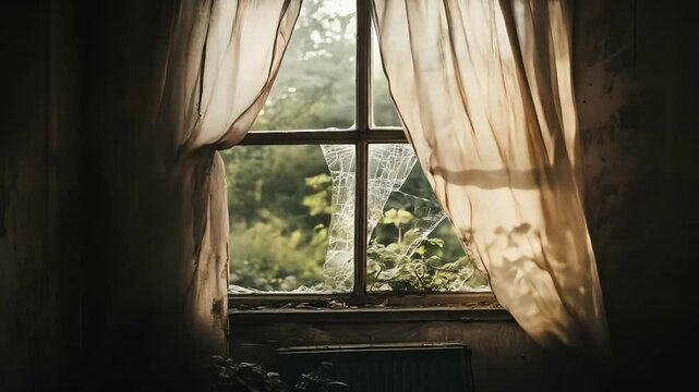 Old window frame with broken glass and curtains sunlight and outdoor view