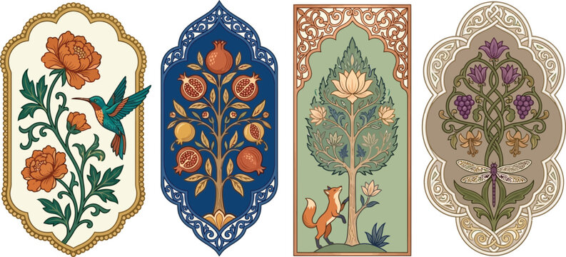 Vintage Persian floral motifs set, traditional Islamic botanical illustrations with hummingbird and fox, 4 oriental garden vector panels