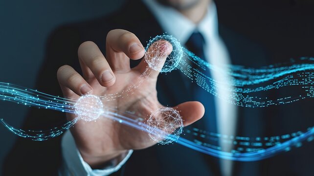 businessman hand touching digital world map background