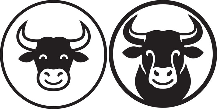 Two black bull heads icons one detailed and one simplified bull head animal logo