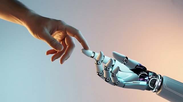 Robot hand making contact with human hand on dark background 3D rendering
