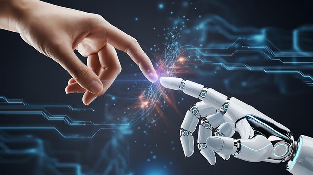 Robot hand making contact with human hand on dark background 3D rendering
