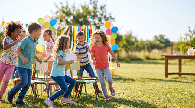 Kids joyfully playing musical chairs outdoors on a sunny day, surrounded by colorful balloons and festive decorations, vibrant and lively atmosphere