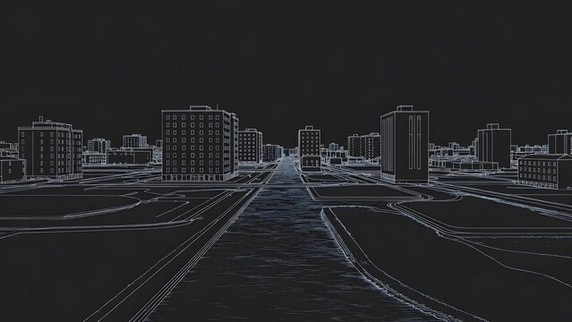 Symmetry in digital architectural design featuring central river and glowing city blocks.