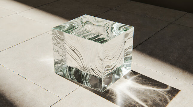 Clear glass block with caustic light patterns on travertine