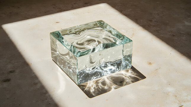Clear glass block with caustic light patterns on travertine