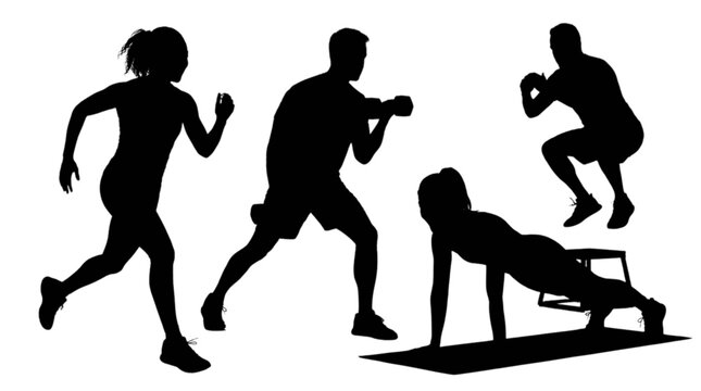 Black silhouettes of people exercising outdoors isolated on transparent background, Vector