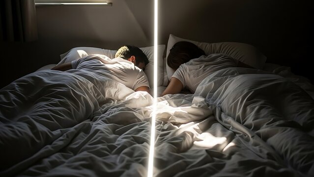 Couple sleeping in dark bedroom separated.