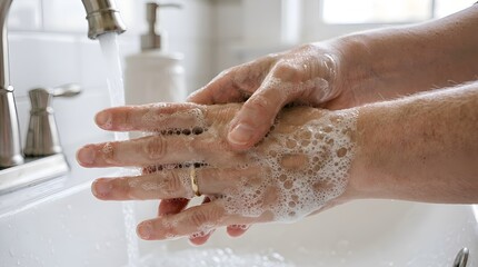 Fototapeta premium Hands washing with soap in bathroom sink for hygiene