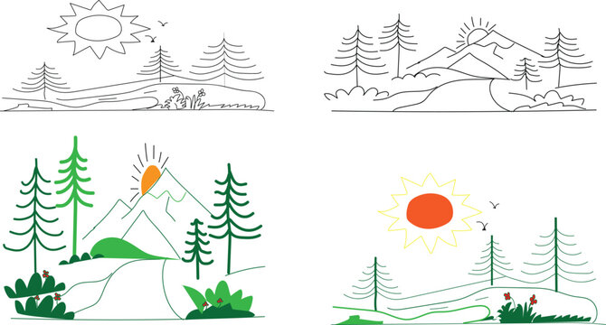 Landscape Line Art Vector Illustration Set: Minimalist doodle sketches of mountains, pine forests, winding rivers, pathways, and the rising sun in black outline. Mountain and Forest Nature Sketches Co