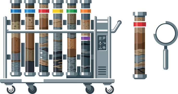 Geological Core Sample Drill Tubes with Soil Layers and Exploration Equipment Vector Illustration Set