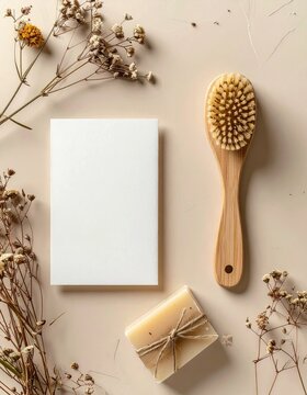 Beige background with spa elements soap, brush, card