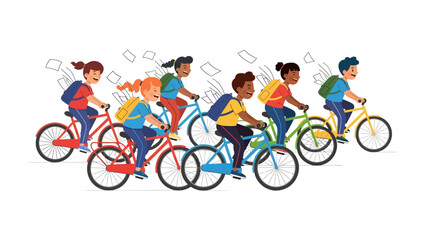 Naklejka premium Kids Cycling to School: A lively illustration depicts a group of diverse children joyfully riding their bicycles to school, backpacks strapped on, with papers fluttering in the wind.