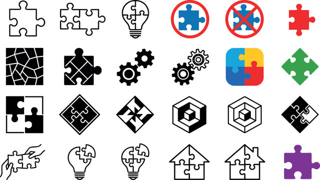Puzzle piece icon collection featuring teamwork, problem solving, connection, creativity, strategy, business solutions, abstract shapes, and collaboration concepts